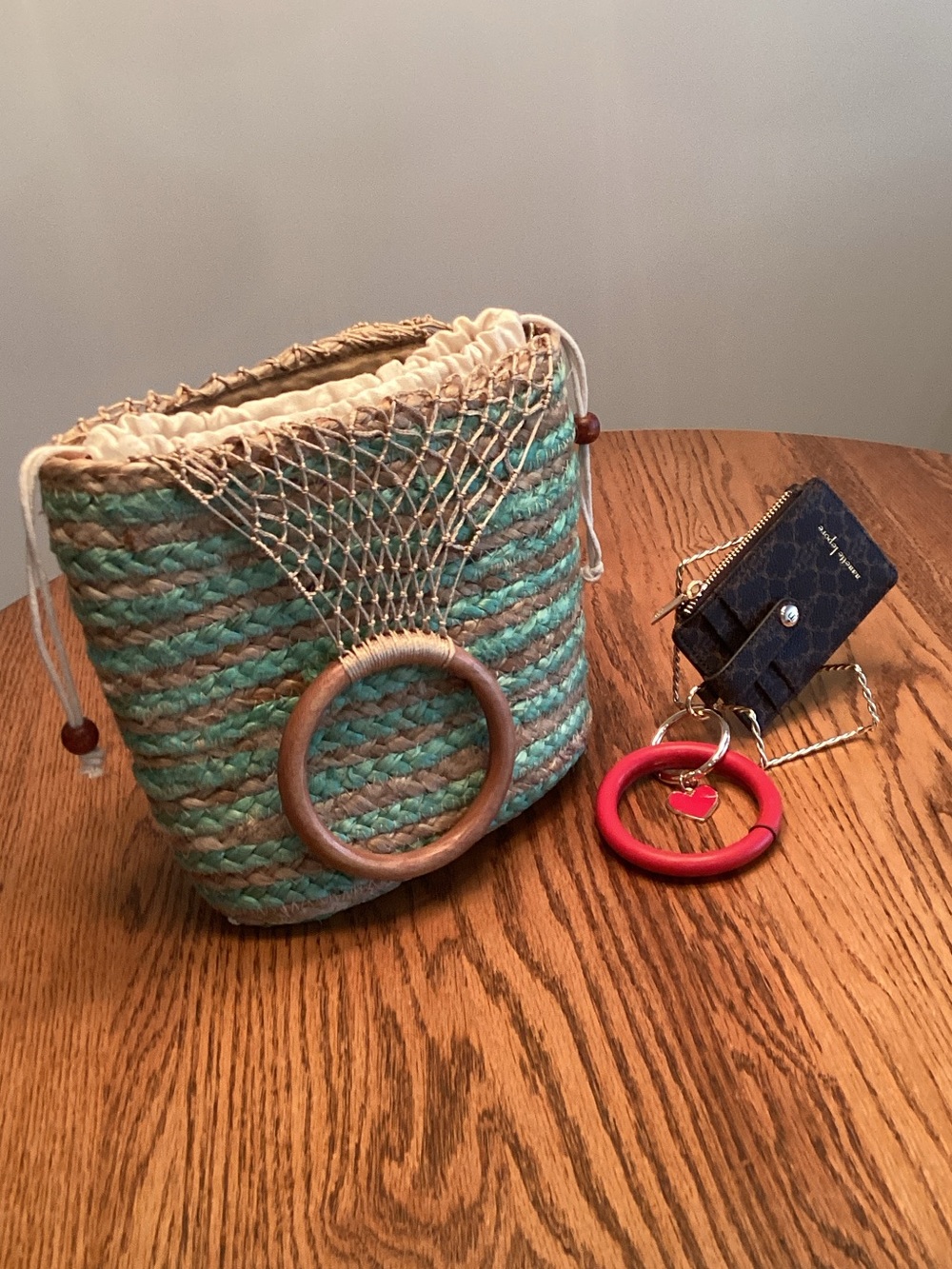 Nanette Lepore Teal and Natural Woven Bucket Bag and Wristlet Bundle